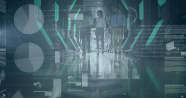 Ofiste yürüyen iş adamlarının finansal veri işleme görüntüsü. küresel finans, iş ve dijital arayüz kavramı dijital olarak oluşturulmuş görüntü.