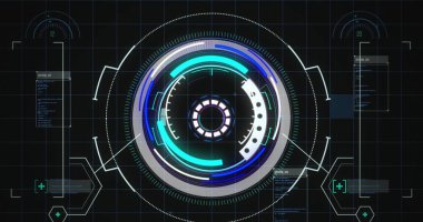 Veri işleme ile dijital arayüz, siyah arkaplandaki yuvarlak tarayıcıya karşı. bilgisayar arayüzü ve teknoloji kavramı