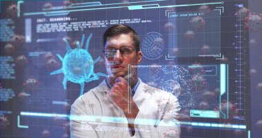 Erkek doktor üzerinde hücrelerin ve dijital arayüzün görüntüsü. küresel tıp, sağlık ve teknoloji covid 19 salgın konsepti boyunca dijital olarak üretilen görüntü.