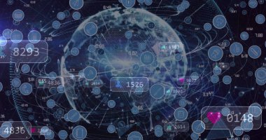 Siyah arkaplandaki simgelerle veri işleme ve bağlantı ağının resmi. Dijital arayüz ve ağ konsepti dijital olarak oluşturulmuş görüntüler.