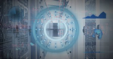 Image of data processing and scope scanning over server room. Global technology, computing and digital interface concept digitally generated image.