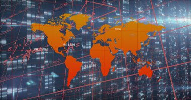 Dünya haritası üzerinde veri işleme resmi. Dijital olarak oluşturulmuş küresel bağlantılar, hesaplama ve veri işleme kavramı.