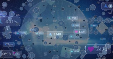 Dünya çapında sosyal medya tepkisi ve teknoloji ikonları. Küresel ağ, iletişim ve teknoloji konsepti dijital olarak oluşturuldu.