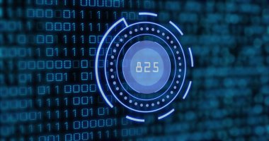 Sayılar ve ikili kodlama işlemleri ile kapsam taraması resmi. Küresel veri işleme ve dijital arayüz konsepti dijital olarak oluşturuldu.