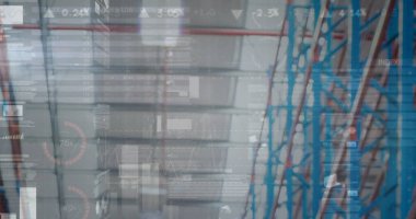 Depodaki finansal veri işleme görüntüsü. küresel iş, veri işleme, dijital arayüz, teknoloji ve gönderme konsepti dijital olarak oluşturuldu.