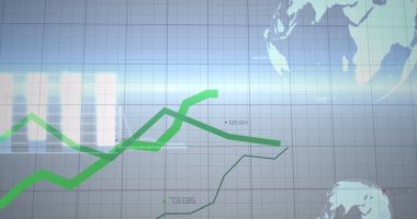 Mavi gökyüzü ve ufukta veri işleyen kürelerin, grafiklerin ve grafiklerin resmi. Küresel iletişim, iş, veri ve dijital arayüz kavramı dijital olarak oluşturulmuş görüntü.