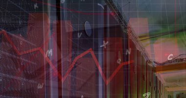 Bilgisayar sunucu odasında grafik ve veri işleme resimleri. Küresel iletişim, iş, veri ve dijital arayüz kavramı dijital olarak oluşturulmuş görüntü.