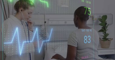 Image of colourful cardiographs over diverse female nurse and patient in hospital. Medicine, health and digital interface concept, digitally generated image. clipart