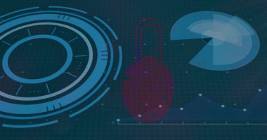 Koyu arayüzdeki kırmızı parmak izi, tarayıcılar, grafik ve veri işleme resimleri. Küresel iletişim, iş dünyası, veri güvenliği ve dijital arayüz konsepti dijital olarak oluşturulmuş görüntü.