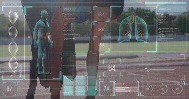 Koşu parkurunda çalışan engelli erkek sporcunun dijital veri işleme görüntüsü. global spor, rekabet, engellilik ve dijital arayüz kavramı dijital olarak oluşturulmuş görüntü.