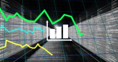 Siyah arkaplana karşı veri işleme ile birden fazla ekranın üzerindeki grafiklerin resmi. Bilgisayar arayüzü ve iş veri teknolojisi kavramı
