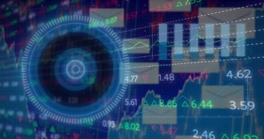 Mavi arkaplanda veri işleme resmi. küresel iş ve dijital arayüz kavramı dijital olarak oluşturulmuş görüntü.