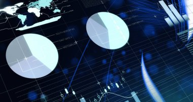 Siyah zemin üzerinde istatistik, bilgi ve ışık parlamalarıyla dijital arayüz görüntüsü. iletişim teknolojisi dijital arayüz kavramı, dijital olarak oluşturulmuş görüntü. 