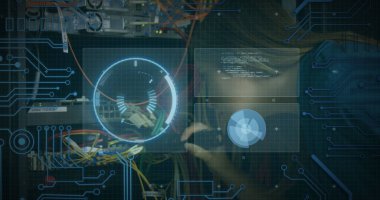 Image of statistics and data processing on grey background. Global business finance and connections concept digitally generated image.