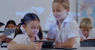 Image of data processing over caucasian school children with tablets. Global education, learning and data processing concept digitally generated image. clipart