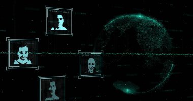 Kullanıcı fotoğrafları, dünya ve veri işleme resmi siyah uzayda. Sosyal medya, ağ, iletişim ve veri güvenliği konsepti dijital olarak oluşturuldu.