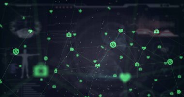 Dijital arayüz üzerinde tıbbi ikonların oluşturduğu bir ağ mavi arka planda tıbbi veri işleme sistemiyle çalışıyor. Tıbbi araştırma ve bilim teknolojisi kavramı