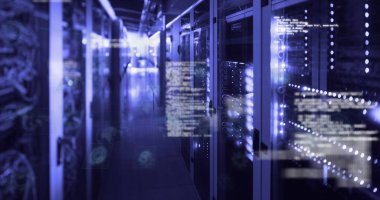 Sunucu odasında veri işleme resmi. küresel iş ve dijital arayüz kavramı dijital olarak oluşturulmuş görüntü.