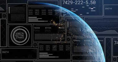 Dünya üzerinde veri işleme görüntüsü. Küresel hesaplama, dijital arayüz ve veri işleme kavramı dijital olarak oluşturuldu.