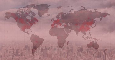 Image of world map with red covid 19 pandemic points over cityscape on red background. global coronavirus covid 19 pandemic concept digitally generated image. clipart