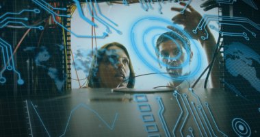 Image of statistics and data processing on grey background. Global business finance and connections concept digitally generated image.