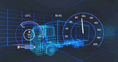 Siyah arka planda dijital kamyon modeli üzerinden araba arayüzü görüntüsü. küresel ulaşım, teknoloji ve dijital arayüz kavramı dijital olarak oluşturulmuş görüntü.