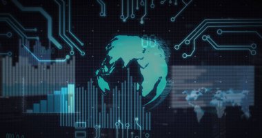 Dünya görüntüsü, devre kartı, istatistikler üzerinden veri işleme. Küresel iş, finans, dijital arayüz, hesaplama ve veri işleme kavramı dijital olarak oluşturulmuş görüntü.