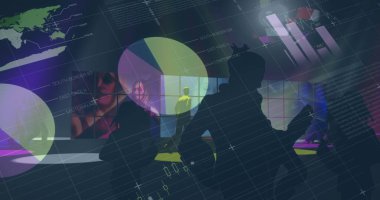 Dans eden insanların mali veri işleme görüntüsü. küresel iş, bağlantılar ve veri işleme kavramı dijital olarak oluşturulmuş görüntü.