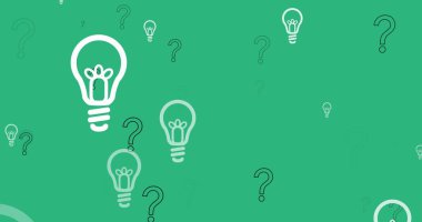 Image of lightbulb icons over question marks on green background. Global education and digital interface concept digitally generated image.