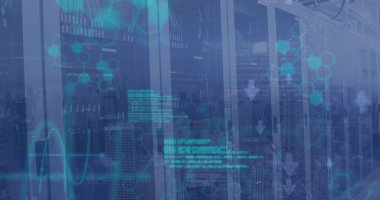 Sunucularda kimyasal formüller ve veri işleme resimleri. Ağ, bağlantılar, veri işleme ve teknoloji konsepti dijital olarak oluşturulmuş görüntü.