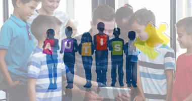 Renkli yapboz parçaları ve elektronik aletler kullanan insan ve çocuklar üzerindeki otizm metinleri. otizm, öğrenme güçlüğü, destek ve farkındalık kavramı dijital olarak oluşturulmuş görüntü.