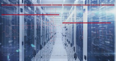 Sunucu odasında matematiksel denklemlerin ve veri işlemenin resmi. Küresel teknoloji, bilgisayar ve dijital arayüz kavramı dijital olarak oluşturulmuş görüntü.