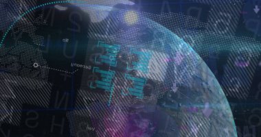 Finansal veri işleme ve siyah arkaplandaki dünya görüntüsü. Küresel iş, finans ve dijital arayüz kavramı dijital olarak oluşturulmuş görüntü.