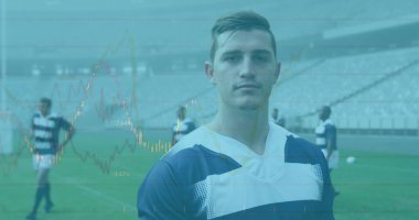 Ragbi oyuncularının istatistikleri. global spor, teknoloji, dijital arayüz ve bağlantılar konsepti dijital olarak oluşturulmuş görüntü.