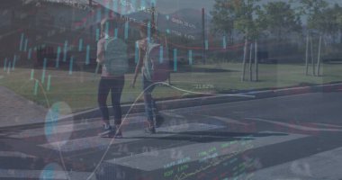 Karşıdan karşıya geçen iki farklı kız öğrenci hakkında borsa verileri işlemek küresel ekonominin bir metaforudur. Kızlar ekonominin farklı yönlerini temsil ediyor ve borsa veri işleme 