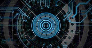 Anakart ve dairesel mavi tarayıcı veri işleme görüntüsü. Veri, küresel iletişim ve dijital arayüz kavramı dijital olarak oluşturulmuş görüntü.