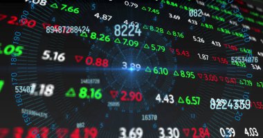 Sayıların resmi, dijital ekranda ışık ve finansal veriler. Küresel finans, ekonomi, veri işleme ve teknoloji konsepti dijital olarak oluşturulmuş görüntü.