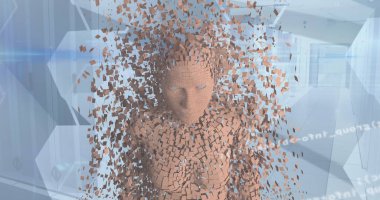 Altıgen şekillere ve bilgisayar sunucu odasına karşı insan vücudu modelinin veri işleme görüntüsü. Siber güvenlik ve iş veri teknolojisi kavramı