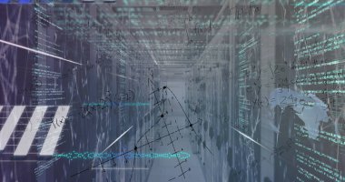 Sunucu odasında veri işleme resmi. küresel iş ve dijital arayüz kavramı dijital olarak oluşturulmuş görüntü.