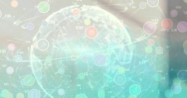 Arkaplanı bulanık dijital simgelerle kaplı küre görüntüsü. küresel bağlantılar, dijital arayüz ve teknoloji konsepti dijital olarak oluşturulmuş görüntü.
