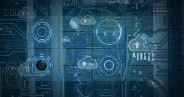 Kapsam tarama bulutları ve bilgisayar sunucusundaki kablolar üzerinden veri işleme görüntüsü. küresel bulut hesaplama ve veri işleme kavramı dijital olarak oluşturulmuş resim.