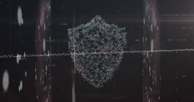 Finansal grafiklerin resmi ve siyah arkaplanda dijital kalkan. Veri işleme, dijital güvenlik ve finans kavramı dijital olarak oluşturulmuş görüntü.