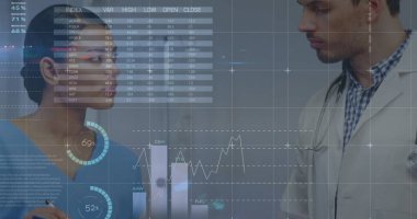 Çeşitli doktorların veri işleme görüntüsü. Küresel tıp, bilgisayar ve dijital arayüz kavramı dijital olarak oluşturulmuş görüntü.