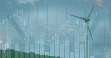 Sahadaki rüzgar türbinlerine karşı dünya haritasıyla hareket eden grafiklerin görüntüsü. Dijital bileşik, çoklu pozlama, teknoloji, güç üretimi, sürdürülebilir enerji, kalkınma, finans, ekonomi.