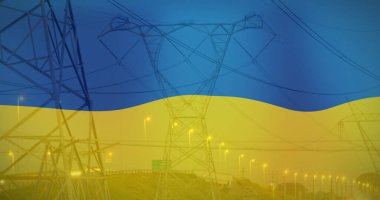 Image of flag of ukraine over field and electricity poles. ukraine crisis, economic and energetic crash and international politics concept digitally generated image.
