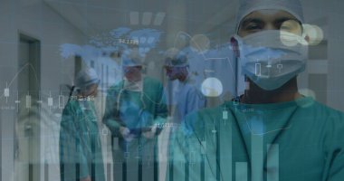 Hastanedeki Afro-Amerikan erkek cerrahın portresi üzerinde istatistiksel veriler işleniyor. Tıbbi sağlık ve teknoloji konsepti