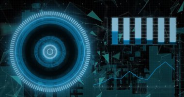 İstatistikler üzerinden tarama ve veri işleme görüntüsü. Küresel hesaplama, dijital arayüz ve veri işleme kavramı dijital olarak oluşturuldu.