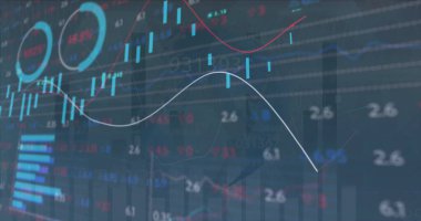 Siyah arkaplandaki veri işleme üzerindeki grafiklerin resmi. Küresel iletişim, iş, veri ve dijital arayüz kavramı dijital olarak oluşturulmuş görüntü.