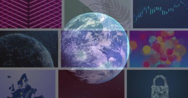 Dünya üzerindeki dijital ekranların görüntüsü. Küresel iş ve dijital arayüz kavramı dijital olarak oluşturulmuş görüntü.
