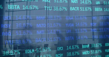 Yoğun ofis üzerinden finansal veri işleme resmi. iş, dijital arayüz ve veri işleme kavramı dijital olarak oluşturulmuş görüntü.